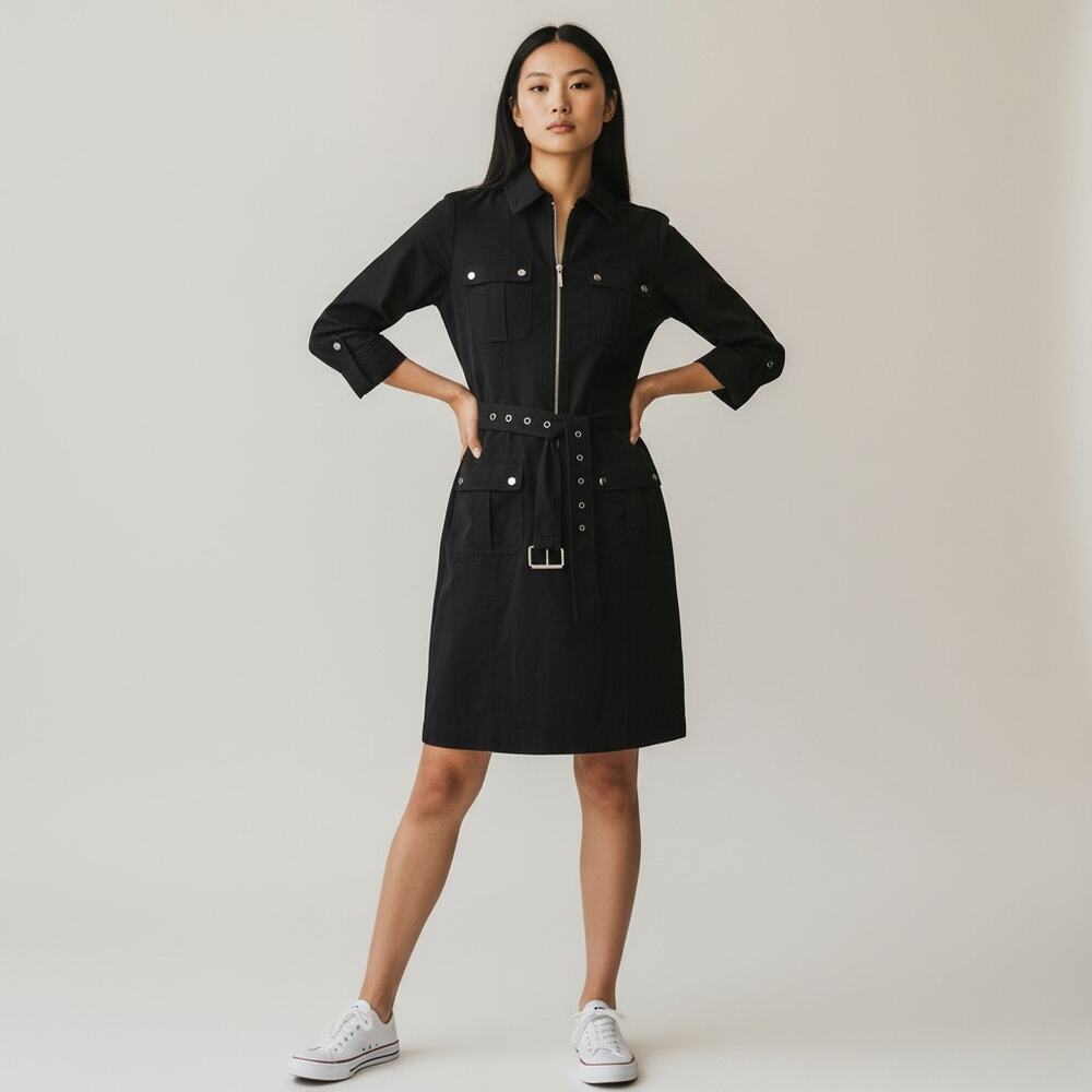 Black Utility Shirt Dress with Belt